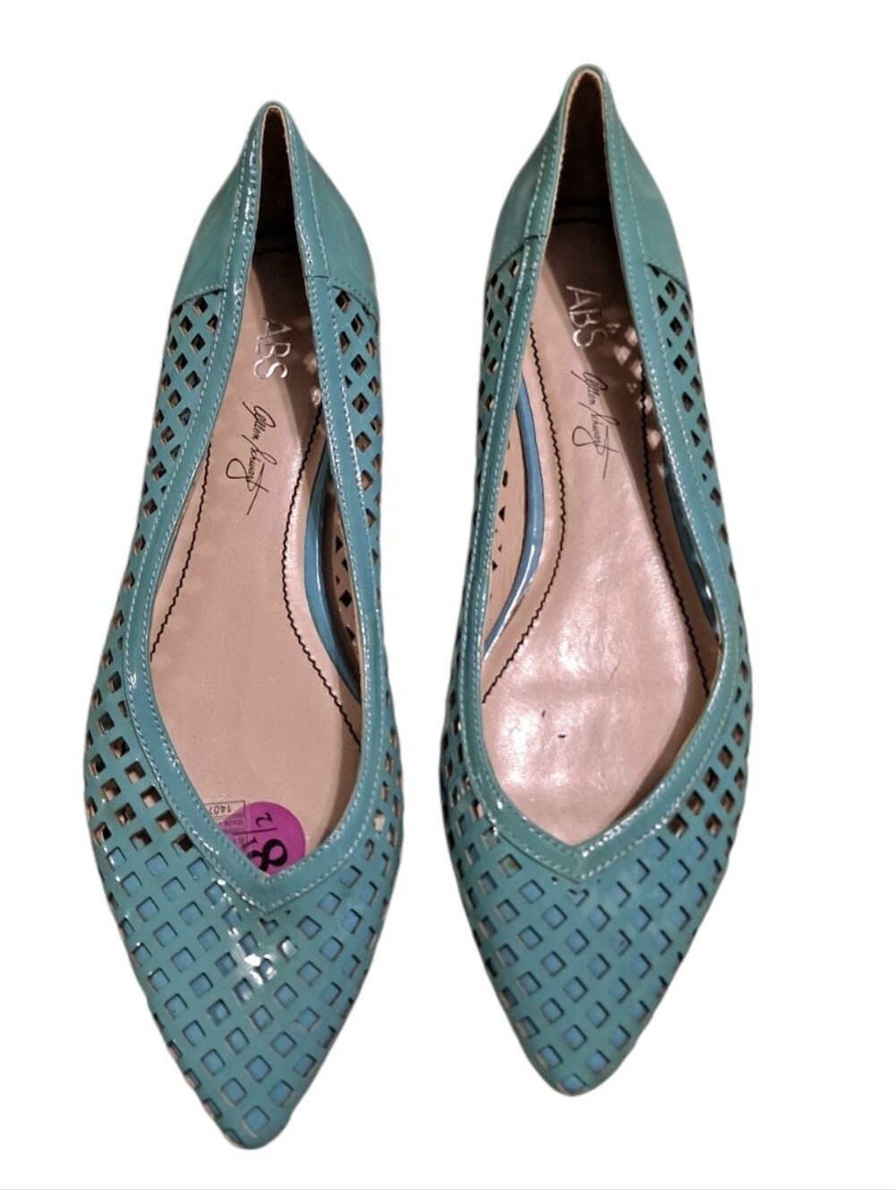 ABS Allen Schwartz Teal Pointed-Toe Laser-Cut Patent Flats